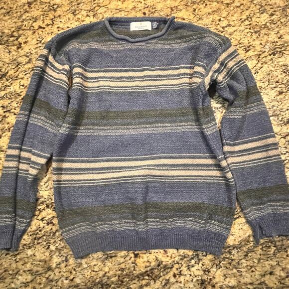 Bill Blass Men’s Medium Knit Sweater Navy Blue Tan Long Sleeve Sweatshirt - Picture 2 of 7